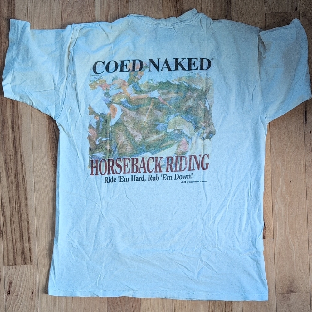 Vintage Coed Naked Horseback Riding T-Shirt - White